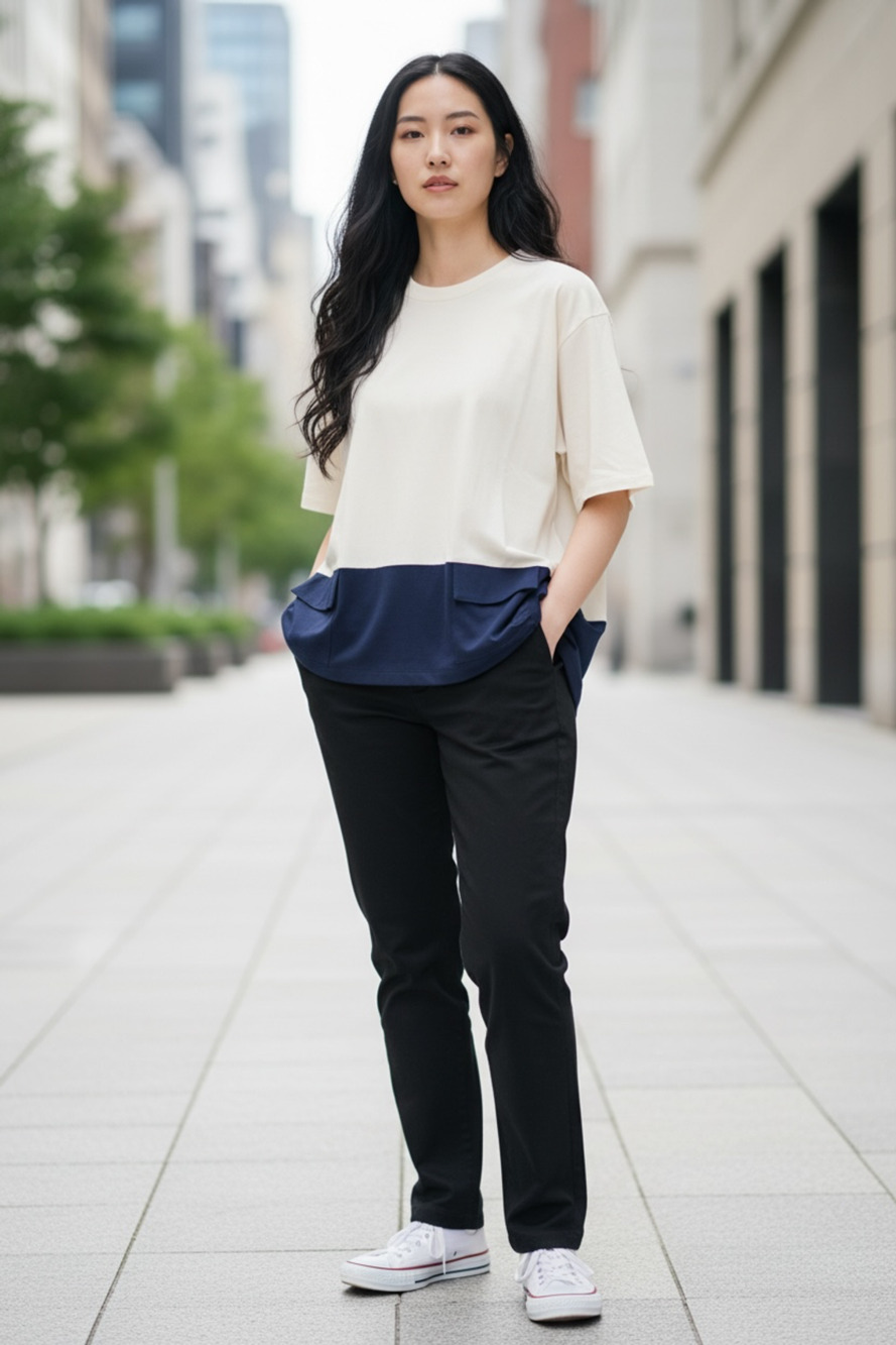 NWOT WYNNE LAYERS Cream & Blue Colorblock Pocket Tee